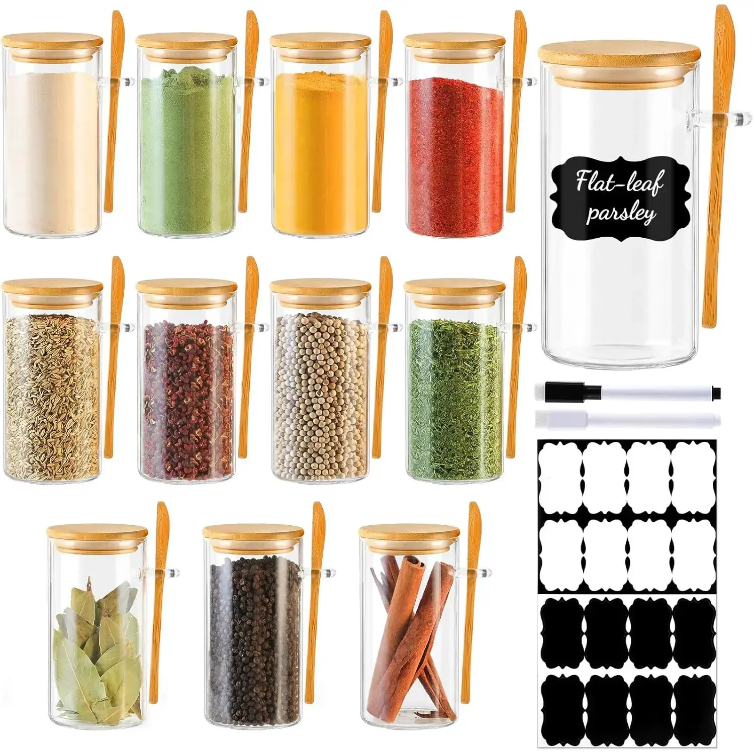 12 Pack 10 oz Round Glass Spice Jars with Lids and Spoons – Airtight Small Spice Containers Set with Labels, Clear Glass Storage Jars for Seasoning, Spices, Kitchen Pantry Organization Utensils