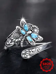 Vintage Bohemian Adjustable Bracelet Ring, S925 Sterling Silver, Turquoise Inlay, Dragonfly Design with Sunflower Details, Ideal Gift, Statement Rings, Unique Rings