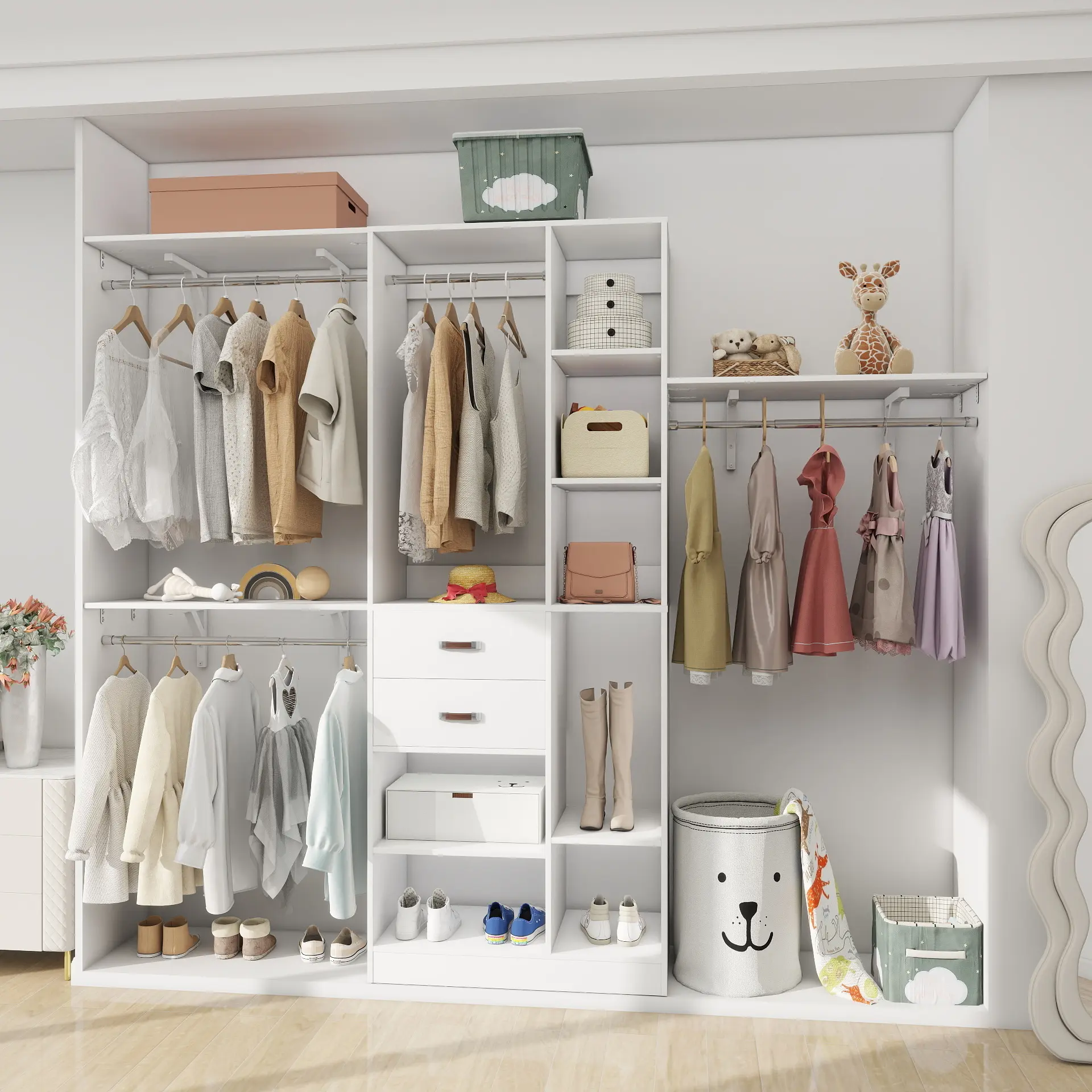96 Closet System with 18 Storage Place, 8FT Closet Organizers System with 13 Shelves and 2 Wooden Drawers, 96'' Walk-in Closet with 4 Hanging Rods, Adjustable Garment Rack