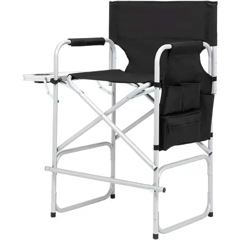 Ubesgoo 26-Inch Bar Height Foldable Vanity Armchair - Makeup Artist Chair with Side Table, Storage Bag, Breathable High Quality 600D Oxford Fabric, Glam Design, 300Lbs Capacity, Portable Black Indoor Furniture