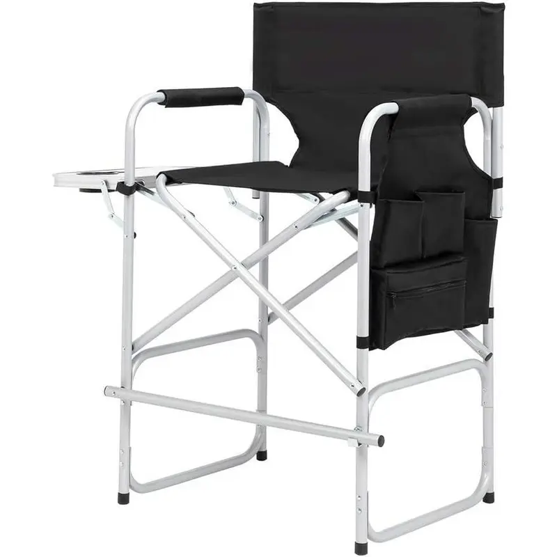 Ubesgoo 26-Inch Bar Height Foldable Vanity Armchair - Makeup Artist Chair with Side Table, Storage Bag, Breathable High Quality 600D Oxford Fabric, Glam Design, 300Lbs Capacity, Portable Black Indoor Furniture