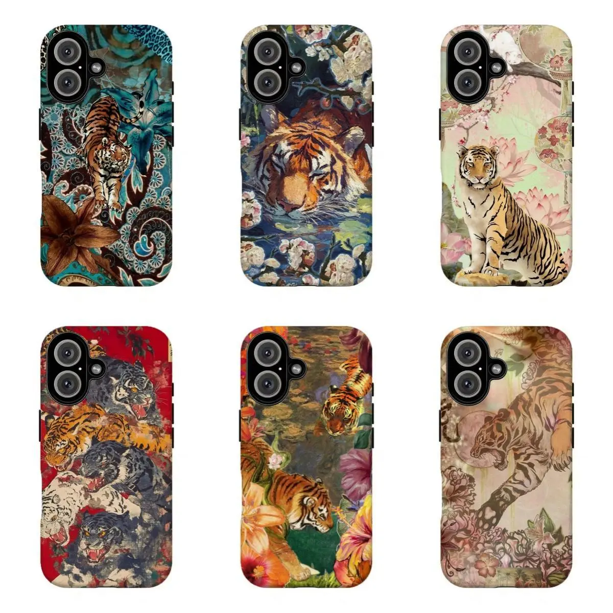 FL-Vintage Floral Tiger Glossy TPU Smartphone Casing - Dual-Layer Shockproof Durable Handheld Cellphone Device Protector, Custom Printing Accessory for Women, Resistance to Impacts, Compatible with iPhone 11-17 Air Pro Max, Samsung S21-S26