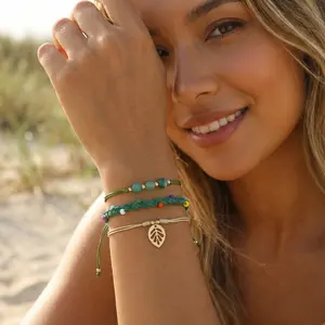 Seaside Vacation Style Waxed Cord Braided Bracelet — Layered Green-Toned Natural Stone Beaded Bracelet with Leaf Charm