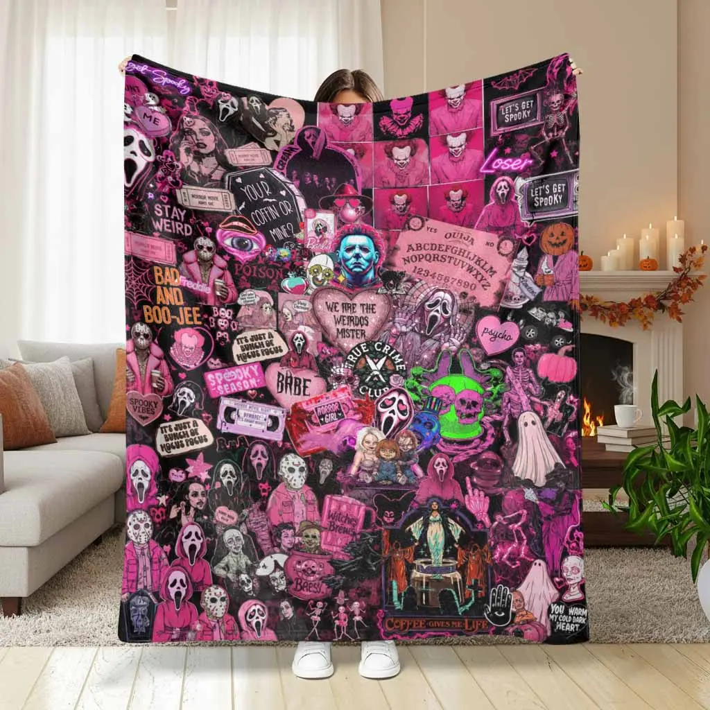 Gothic Aesthetic Horror Movie Flannel Blanket Pink Scream Killer Collage Print Ultra Soft Lightweight Breathable Cozy Warm Throw Ideal For Couch Sofa Bed Camping Movie Night Bedroom Decor Birthday Unique Gift Ideas