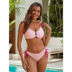 Color Block Textured U-Wire Swimsuits Womens Sexy Cheeky High Cut 2 Piece Bikini Sets