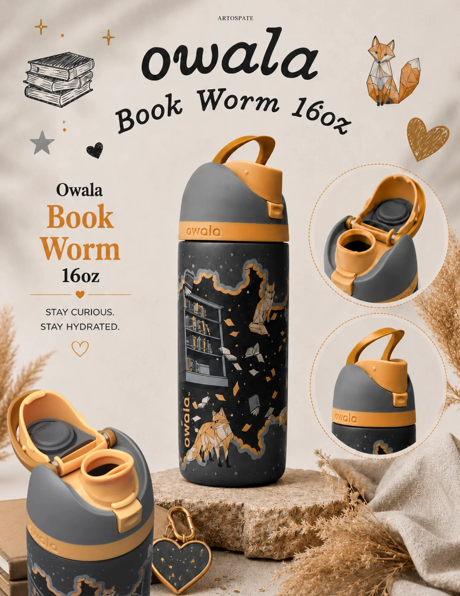[BACK TO SCHOOL] Owala Book Worm 16oz FreeSip Water Bottle | Book Club Collection Back-to-School Insulated Stainless Steel Bottle for Kids, Students, Reading Time & Lunch Bags