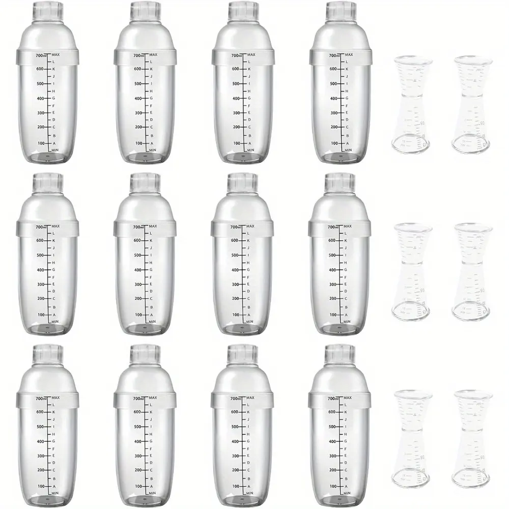 12 Pcs Plastic Cocktail Shaker with Scales and Strainer Top, Clear Drink Mixer Cup with Measurements for Tea, Coffee, Boba, and Milk, with 6 Cocktail Measuring Jiggers(700 Cc/ 24 oz)