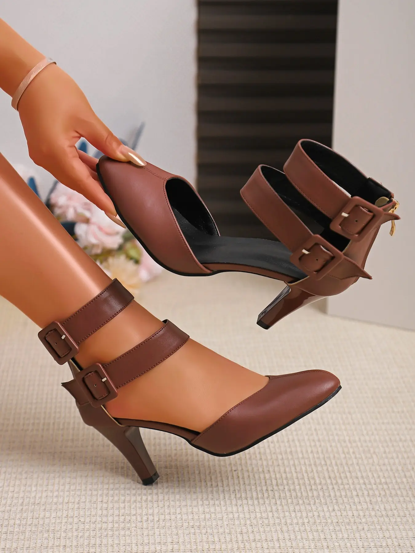 Women's Pointed Toe High Heels Buckle Back Zipper Spring Autumn Elegant Party Dress Shoes Versatile New Arrival Elegant Heeled Sandals Bridal Wedding Footwear Fashionable Party Shoes Date Night Footwear