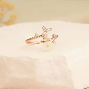 September Laurel Women's Adjustable 14K Gold-Silver Plated Flower Ring - Cubic Zirconia, Mother of Pearl, Non-Tarnish/Tarnish-Proof Jewelry, Adjustable Fit, Premium Materials,Versatile Gift Option