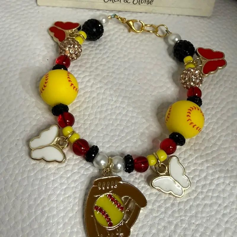Baseball Theme Beaded Bracelet with Yellow Baseball Charms and Red Beads for Sports Fans
