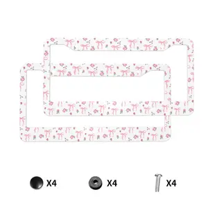 Pink Bowknot Pearl License Plate Frame Personalise Stainless Steel Funny Design Compatible with Standard License Plate Holder for USA and Canada 6 X 12 with Screws
