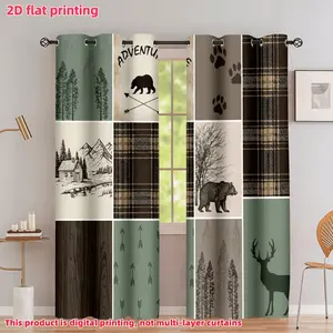 2D Flat 2Pcs Cartoon Bear Deer Cabin Forest Tree Mountain Lake Plaid Printed Curtains, Rod Pocket & Eyelet Design, Semi-Shading Polyester Fiber for Home Living Room Bedroom Balcony Kitchen Study Window Decoration, Home Textile, Accessory, Anti Privacy.