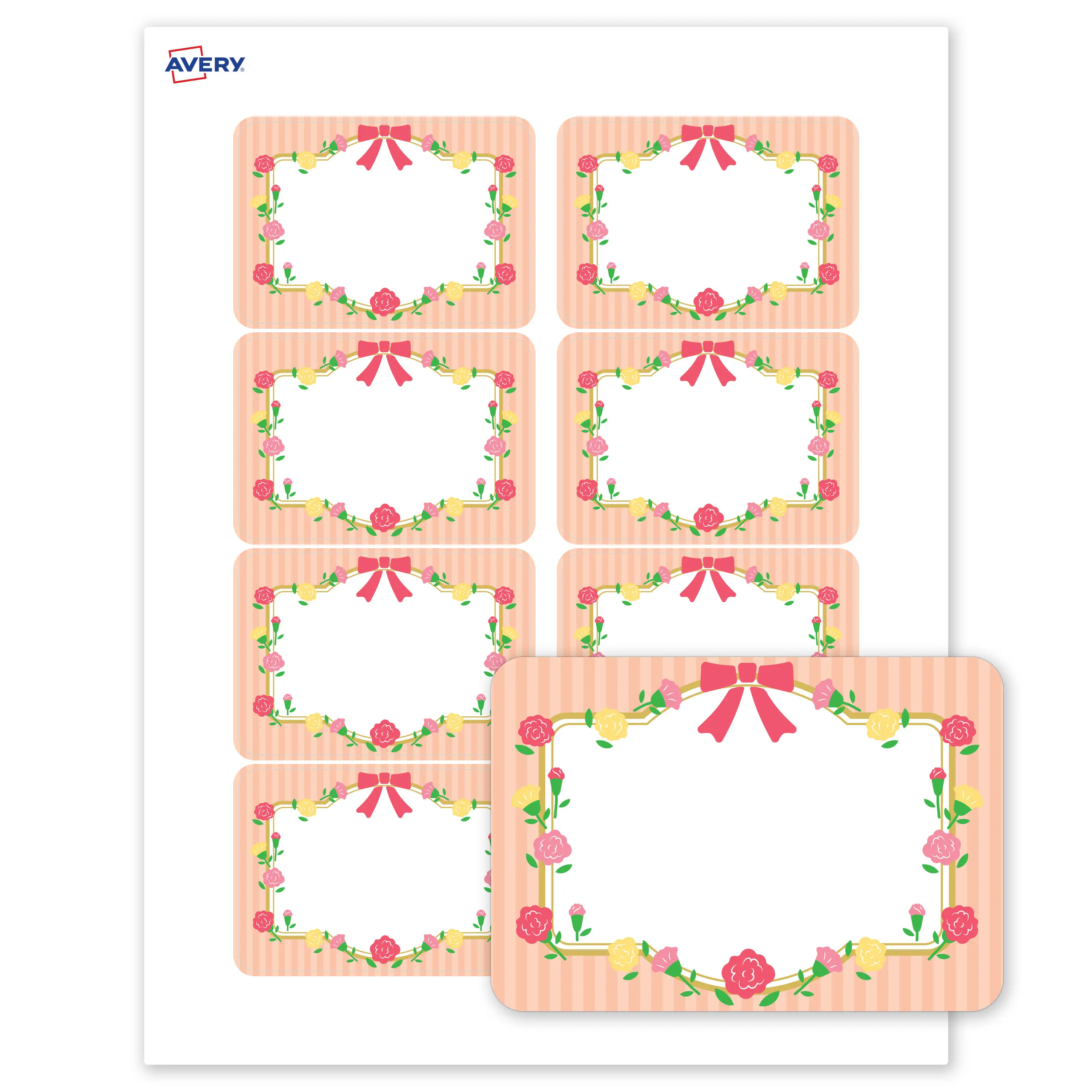 Avery® Printable Adhesive Name Tags Name Badges, 2-1/3" x 3-3/8", Matte White, Pre-printed Gold Frame, Ribbon, Roses & Stripes Design Great for Weddings, Laser & Inkjet Compatible, 160 Total