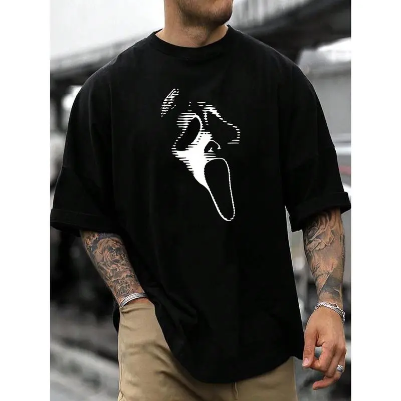 [100% Cotton]Men Loose-Fitting Ghost Face Graphic Short Sleeve T-Shirt, For Going Out, For Friends