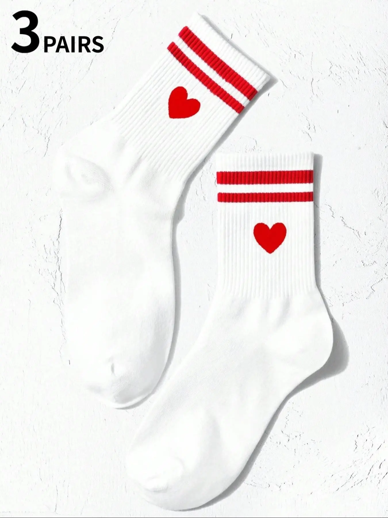 3-Pair Set of Women's Heart-Print Double-Stripe Mid-Calf Casual Fitted Athletic Sports Socks Love Valentine's Day Gift Top Choice for Fall Outfits All-Season Sock Style Elastic Casual Daily Socks