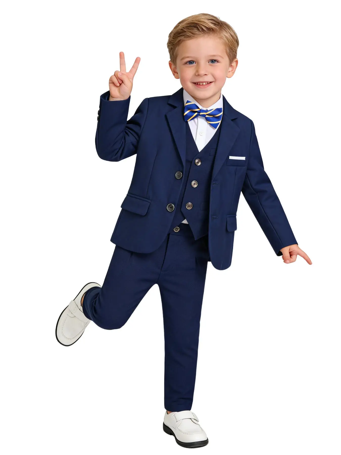 Classic 4-Piece Formal Suit Set, Clothes for Toddlers & Boys, blazer, vest, pants and bow tie, Black / Navy, sizes 100-150cm, Perfect for birthdays, weddings, school ceremonies, stage performances and all formal occasions (Shirt not included)
