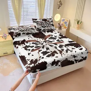 3Pcs Western Cowprint Fitted Sheet Set, Rustic Brown and White Distressed Design, Stylish Look, Perfect for Farmhouse Bedroom Décor and Cozy Arrangements Includes 2 Pillowcases, No Pillow Core, Decorative Bedsheet Sets