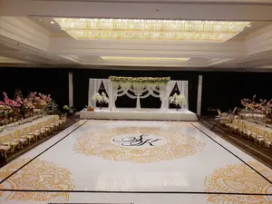 Mandala Sangeet Floor Wrap Custom Indian Wedding Dance Floor Vinyl Golden Yellow with Black Initials & Border Trim Full-Color Print Removable Gloss Vinyl for Sangeet Ceremonies
