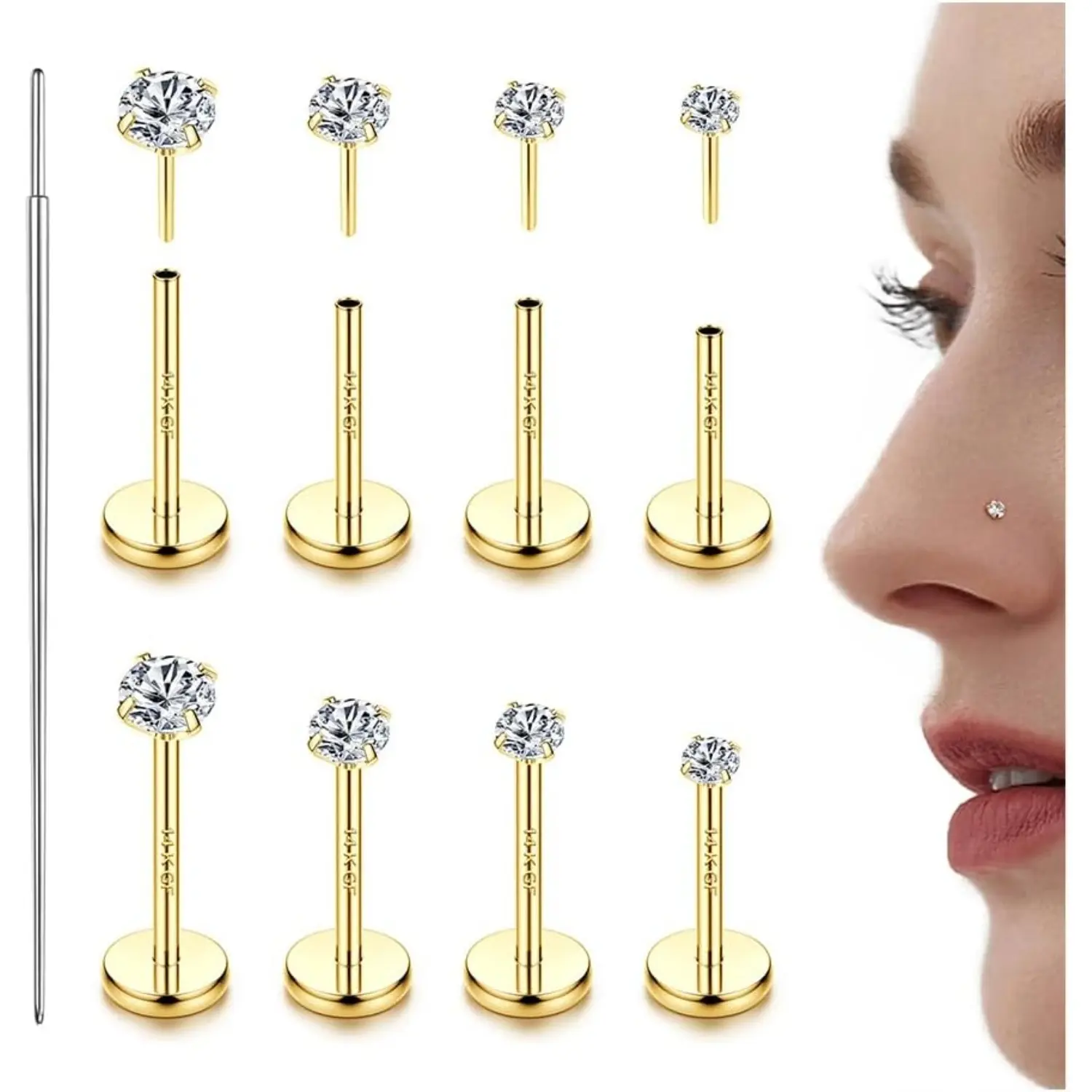 Trendy summer 14K Gold Plated  Threadless Nose Studs CZ Nose Rings for Women Men 316L Surgical Steel Labret Studs Lip Rings Push in Flat Back Stud Earrings CZ Nose Nostril Tragus Helix Piercing Jewelry Hypoallergenic 20G 18G 16G