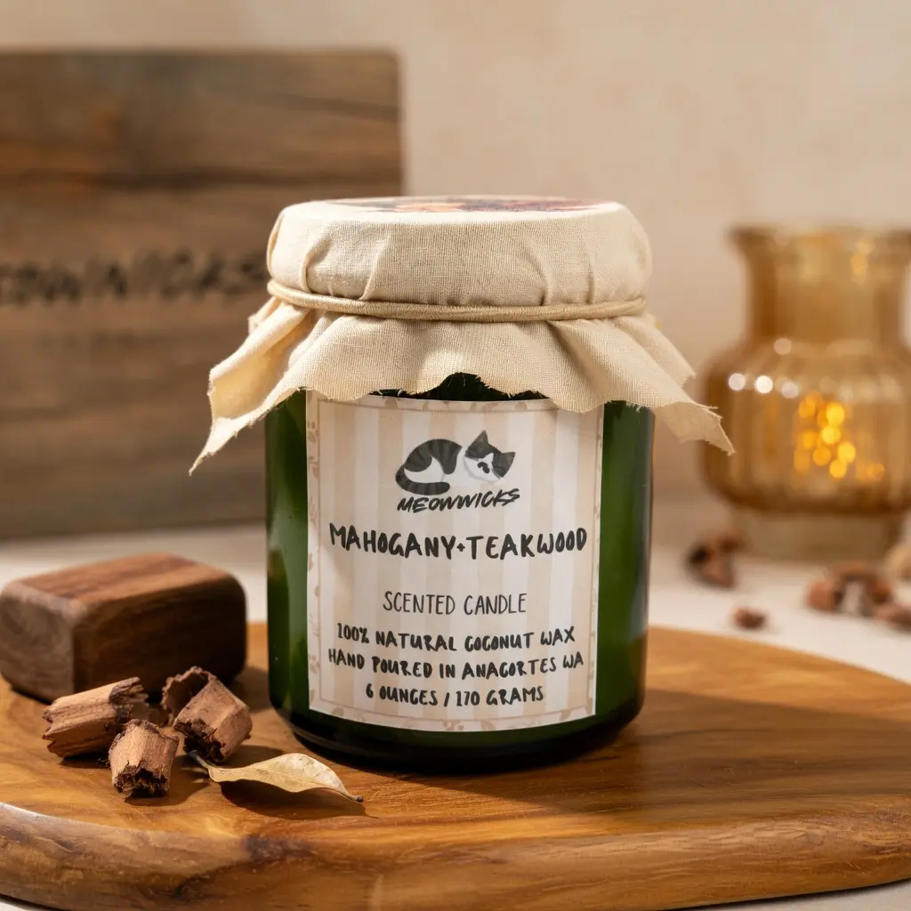 Mahogany Teakwood Candle – 100% Coconut Wax, Hand-Poured, Phthalate-Free, 6 oz | Meowwicks