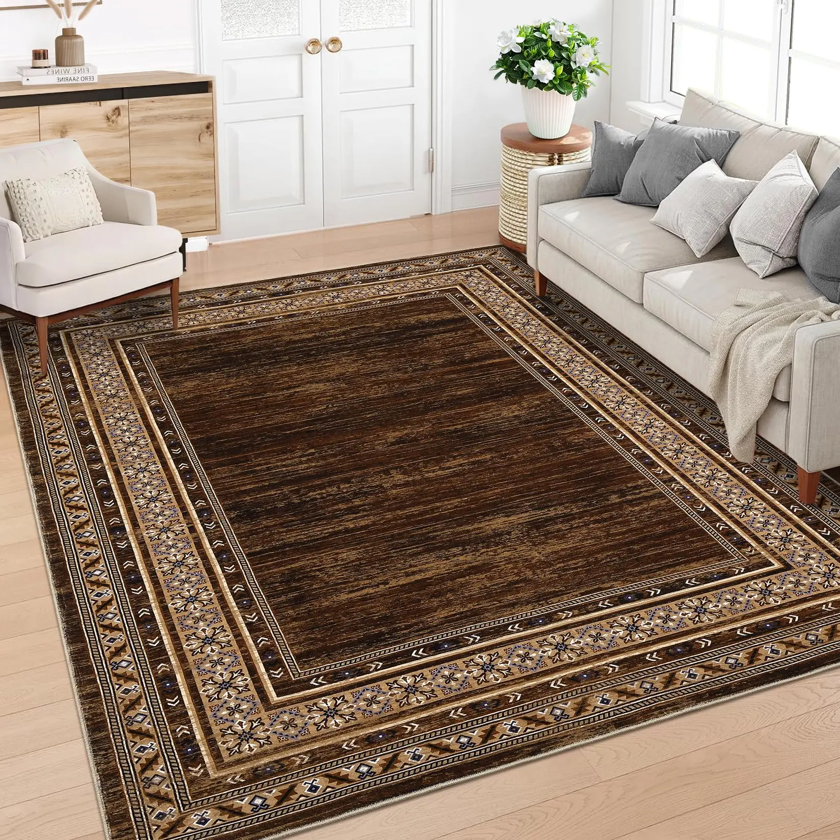 9x12 Washable Area Rug for Living Room, Modern Geometric Bordered Carpet for Bedroom, Dining Room & Home Office Decor (Red Brown)