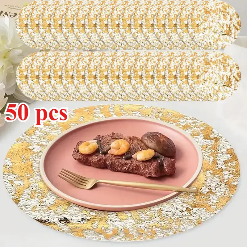 50 Thin Laminate Round Disposable Placemats -13in Sparkly Gold Glam Foil Pressed, for Weddings, Home Dining Table Decoration & Tableware Accents, Metallic