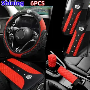 6pcs PU Leather Artificial Diamond Blingbling Crown Car Steering Wheel Cover Set, Shoulder Cover, Armrest Pad, Handbrake Cover, Gear Cover, Car Interior Accessories Set Suitable for 14.5-15" Steering Wheel Car Accessories