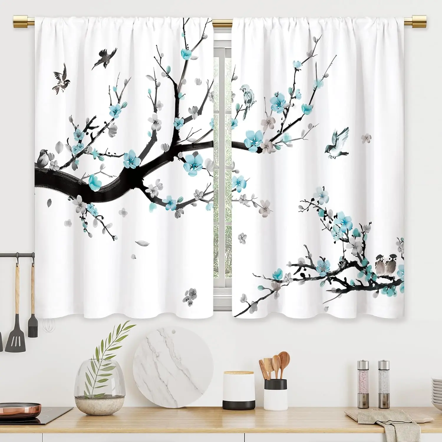 Floral Print Teal Cherry Blossom Bird Curtains - 2 Panels 27.5x39in Light Fabric Small Window Drapes, Easy Installation Rustic Farmhouse Decor for Kitchen/Bath French Door Short Window Treatment, Small Window Curtains