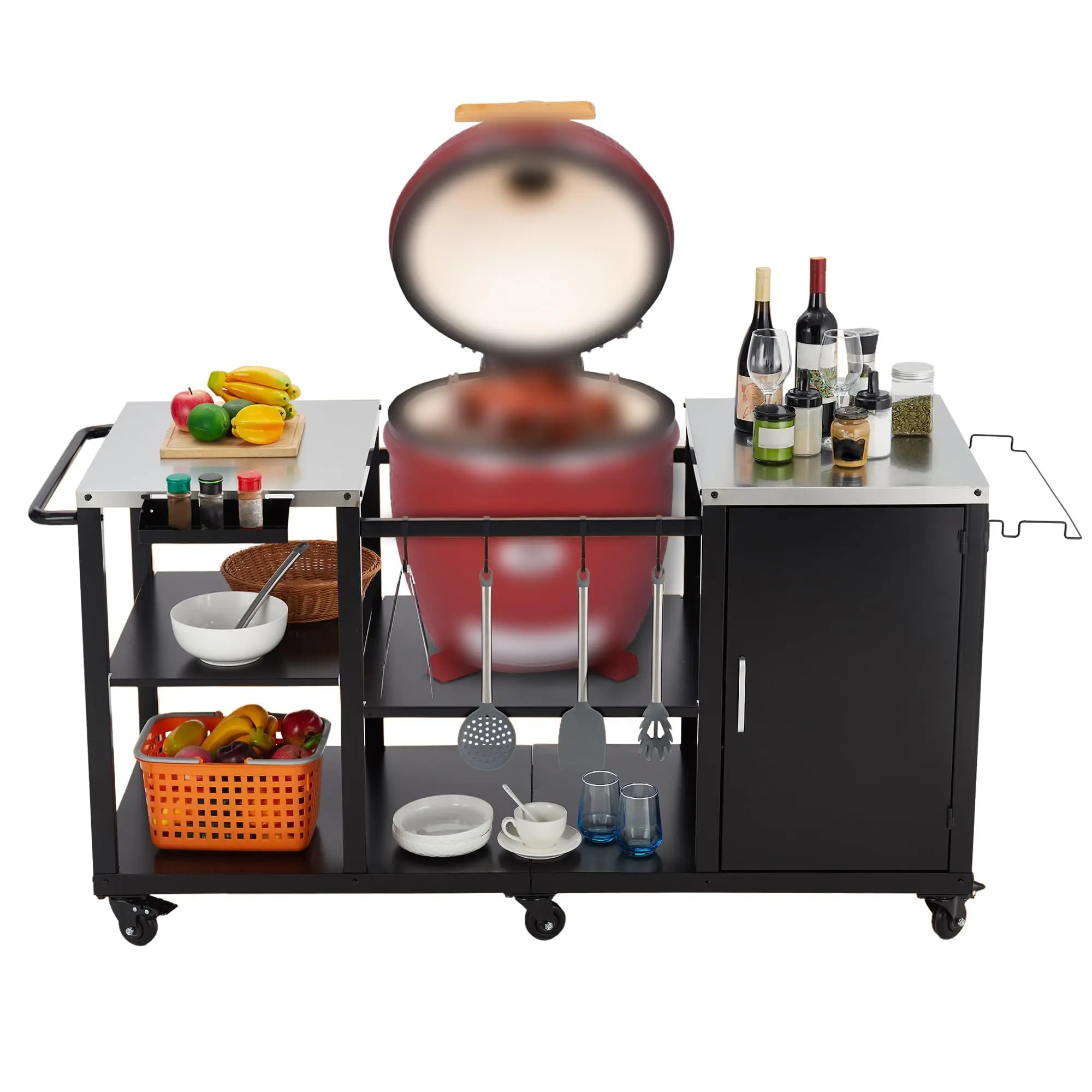 GARVEE Heavy Duty Outdoor Grill Table Compatible with Big Green Egg Kamado Griller, Featuring Storage, Garbage Bag Holder, Hooks, Paper Towel Rack, and Wheels for Convenient BBQ Prep