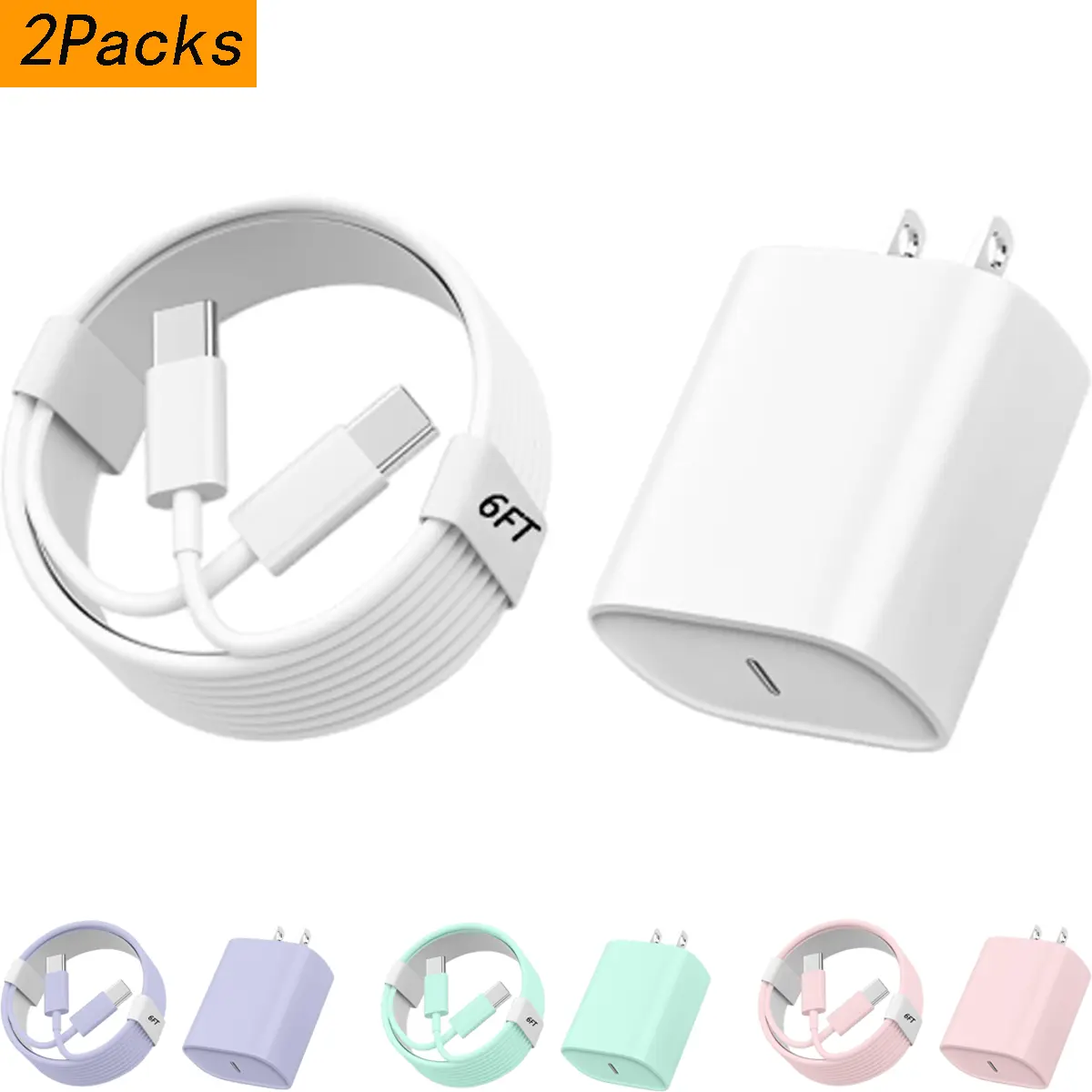 2-Pack 20W USB-C Fast Charger with 6FT & 10FT Cords for iPhone 16, iPad Pro, Samsung, Smartphone, Cellphone & Electronic Devices - Device Protection Support, Mobile