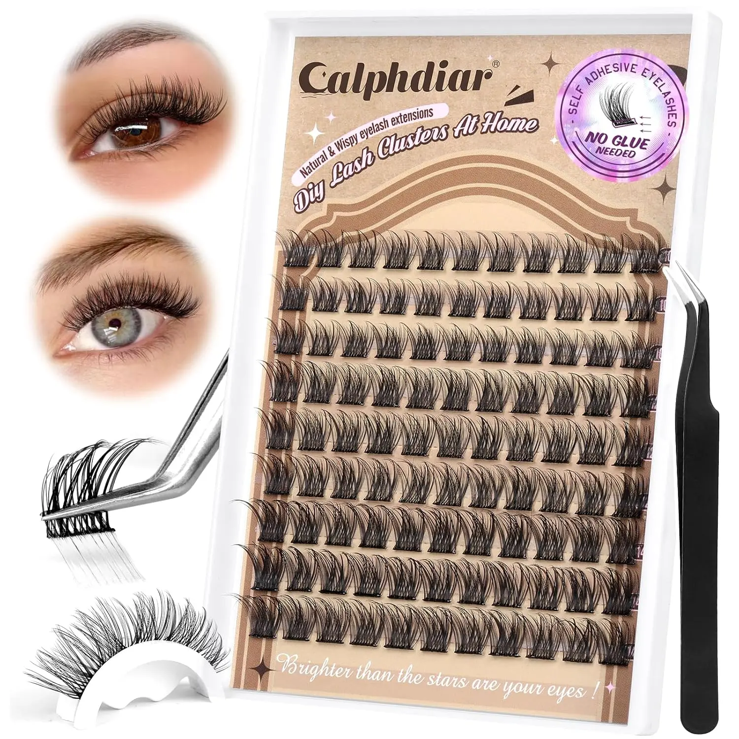 Calphdiar Self Adhesive Eyelashes Reusable Lash Clusters Kit Natural Self Adhesive Lashes No Glue Eyelash Clusters C-curly Press on Lash Clusters 10-14MM DIY Cluster Eyelash Extensions