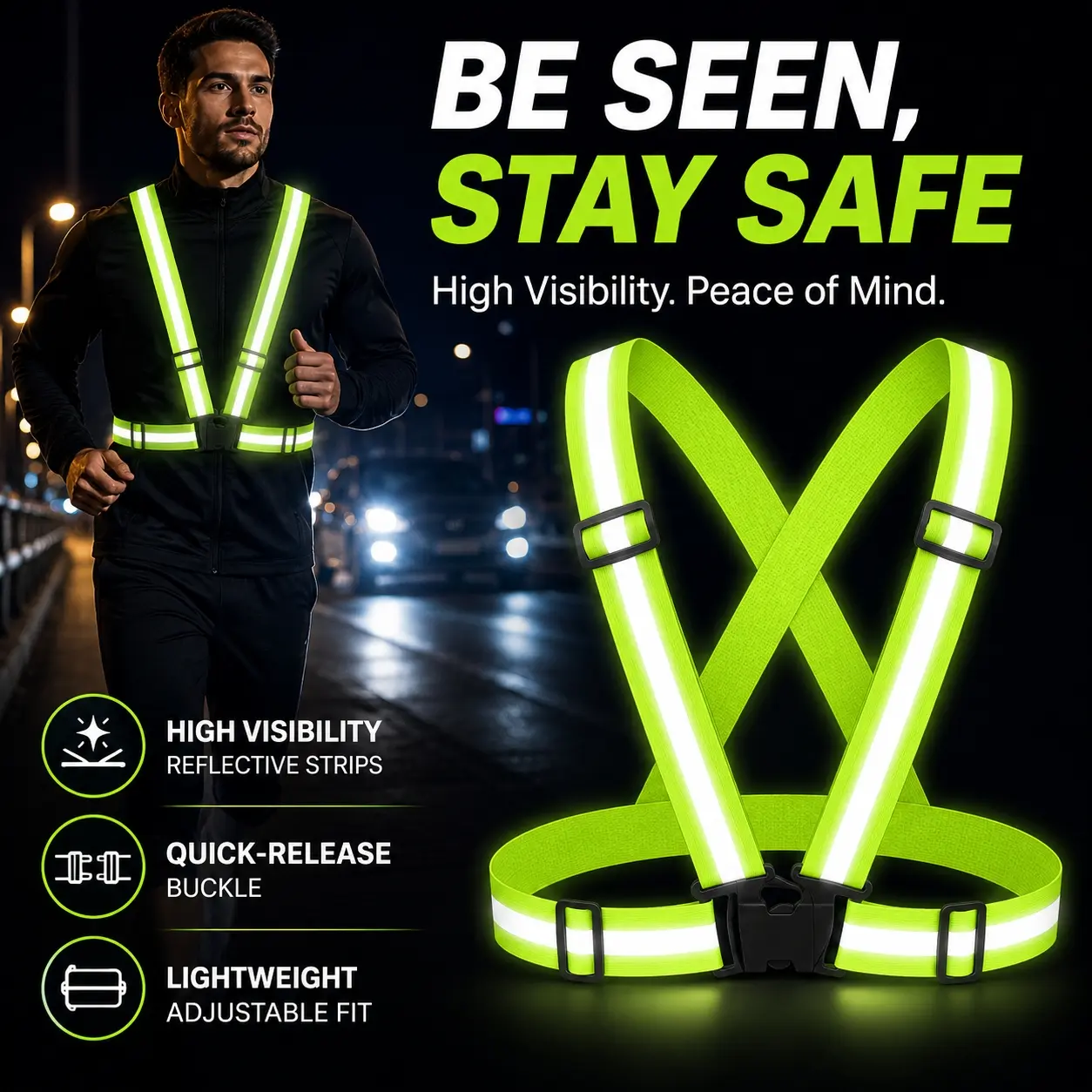 Reflective Safety Vest High Visibility Running Gear, Adjustable Strap Reflective Vest for Men Women, Lightweight Outdoor Safety Gear for Night Walking, Jogging, Running, Cycling, Bike Riding, Motorcycle Riding, Dog Walking, Hiking and Low Light Visibility