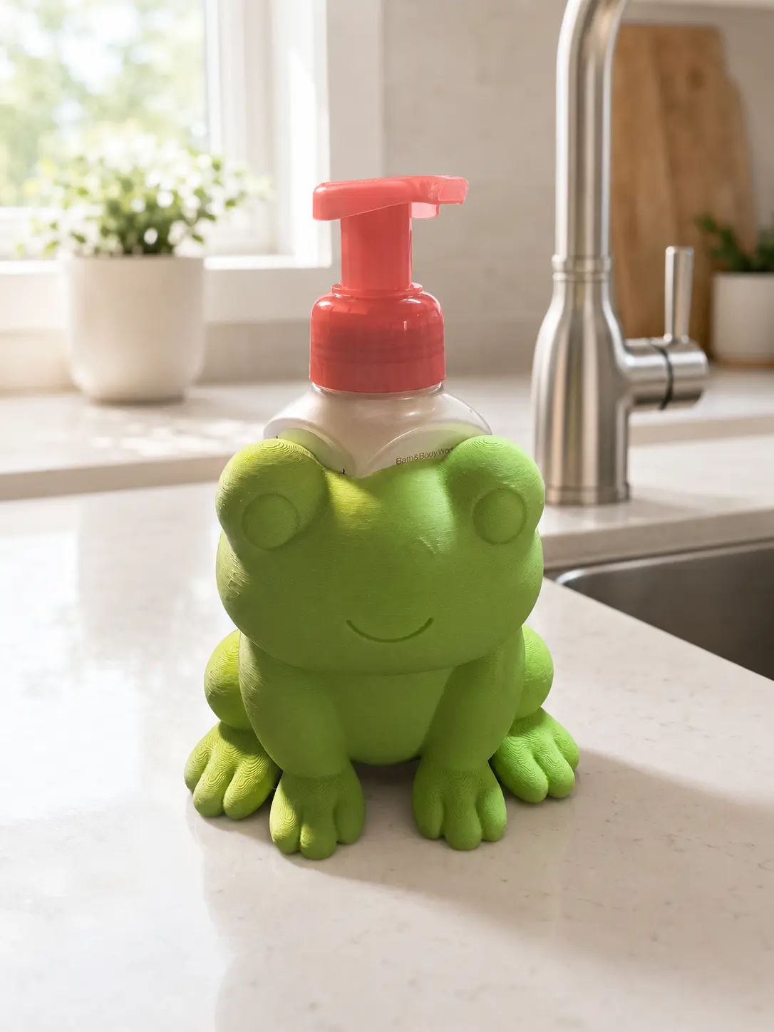3D-Printed Frog Foaming Hand Soap Holder Bottle, Whimsical Look Foam Bottle for Standard Size Kitchen/Bath Sink Decor