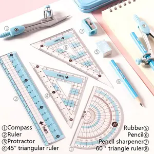 8 Piece Geometry Drawing Set with Metal Compass, Ruler, Protractor, Triangle Set Squares, Complete Math Tools Kit, Portable Geometry Instruments