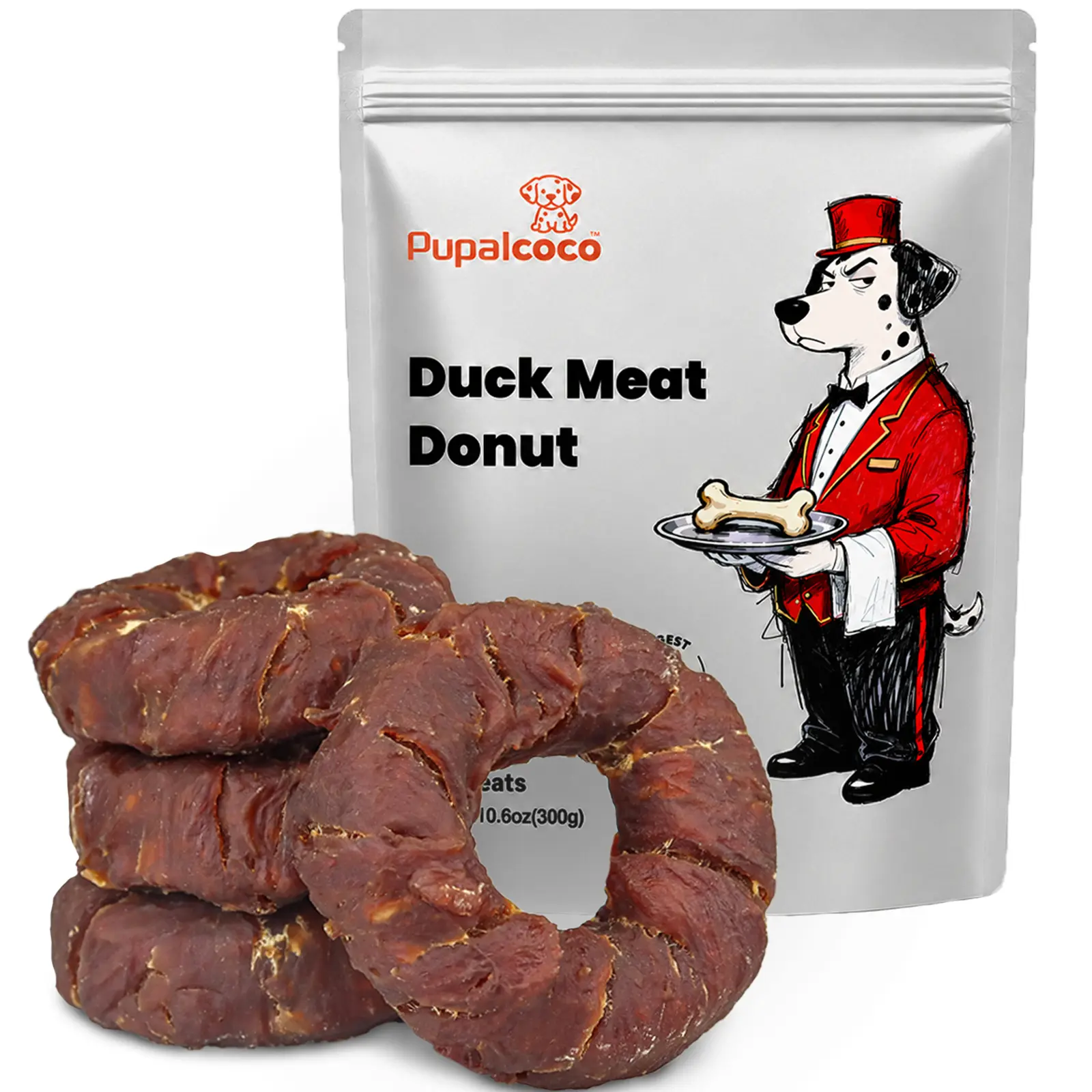 Pupalcoco Dog Treats, Duck Donut Rings, Rawhide Free Dog Dental Chews Long Lasting, Grain Free Training Rewards Treats for Medium Large Dogs ,4 Counts, 10.6oz