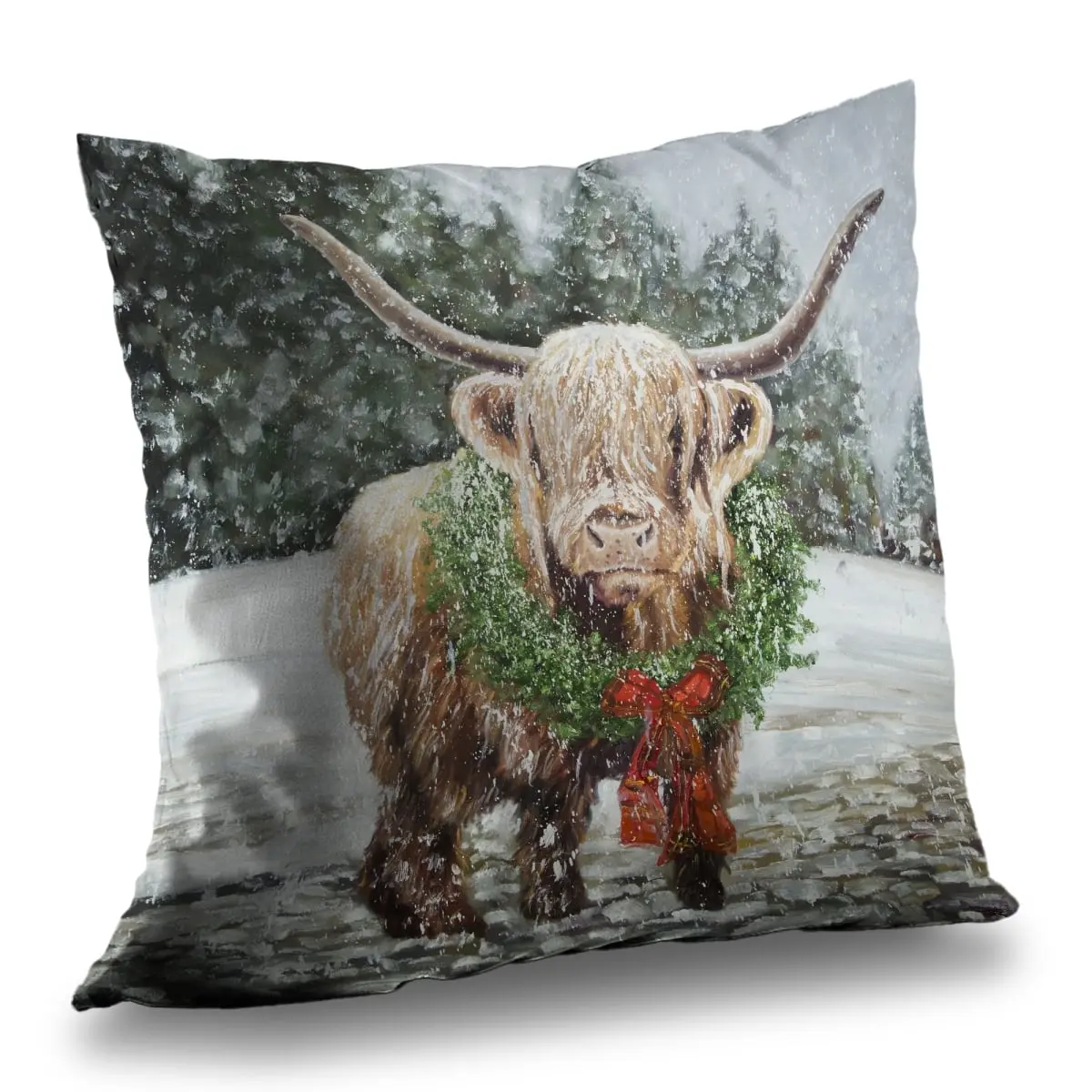360 Stand 14x14 in. Poly Twill Highland Christmas Cow Print Throw Pillow - Soft Textile Furnishing, Farm Animals Themed Farmhouse Home Decor, Rustic Charm Accent, 14-inch Standard Animal-Inspired Pillows for Indoor Living Spaces, 14-Inch Standard Pillows
