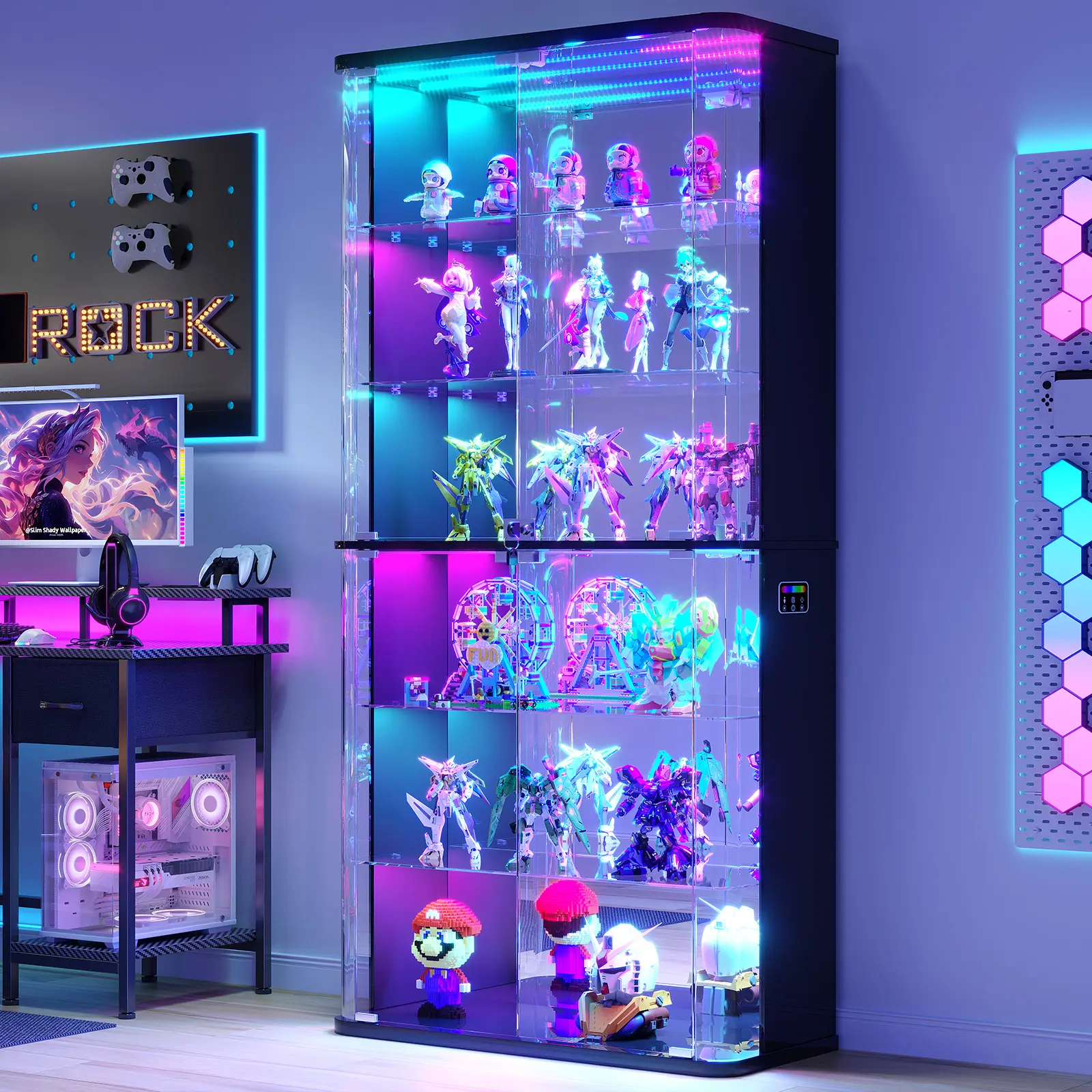 Dystler Modern Tall Tempered Glass Door Display Unit, Rounded Curve Lockable 6-Tier Case with Motion Sensor RGB Lights & Mirror Back, Living Room Collectibles Action Figures Trophy Holder