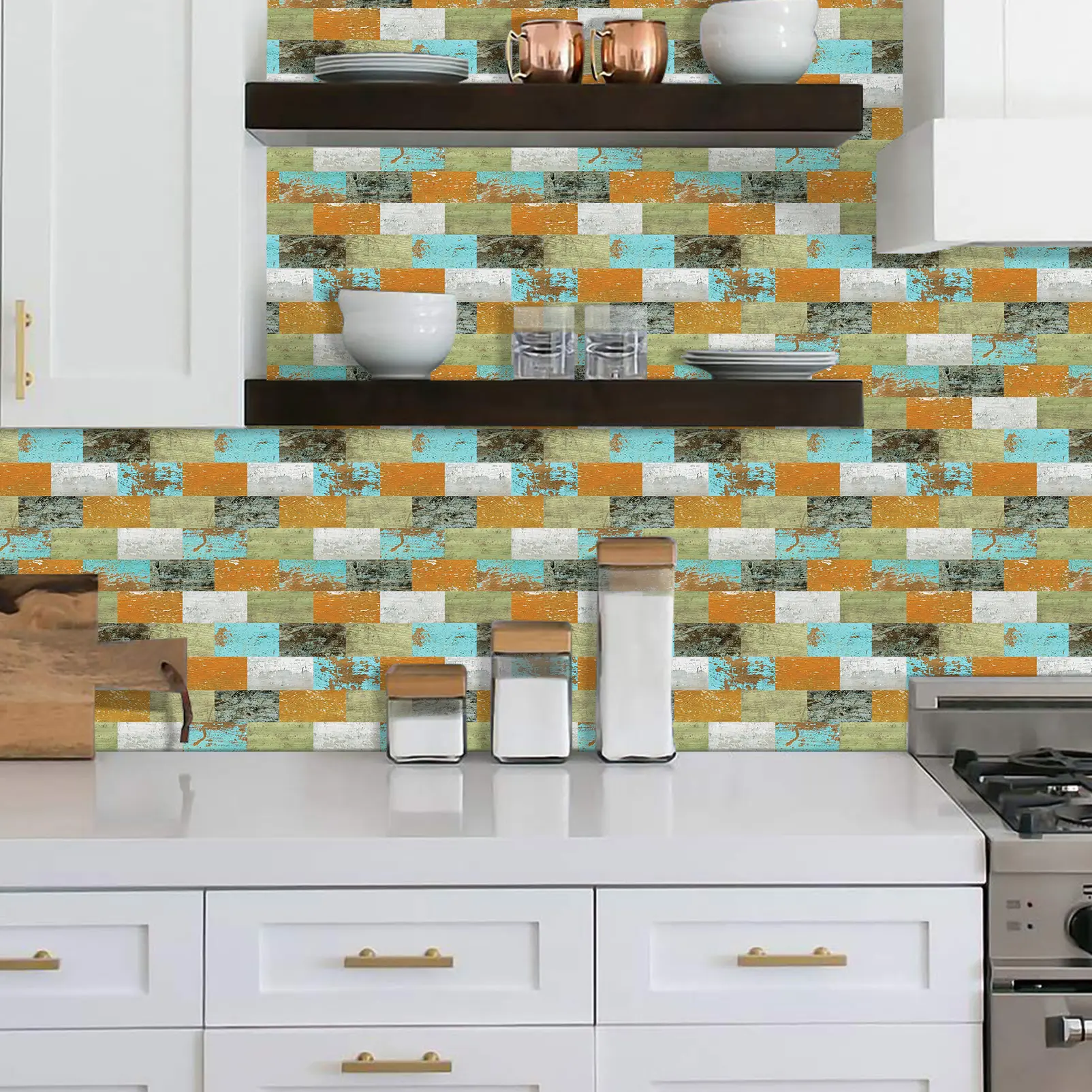 MOONFUN 10Pcs Rustic Wood Peel-and-Stick Wall Tiles, Removable Self-Adhesive Vinyl Backsplash Panels, Waterproof PVC Decor for Kitchen Farmhouse Walls oil-proof