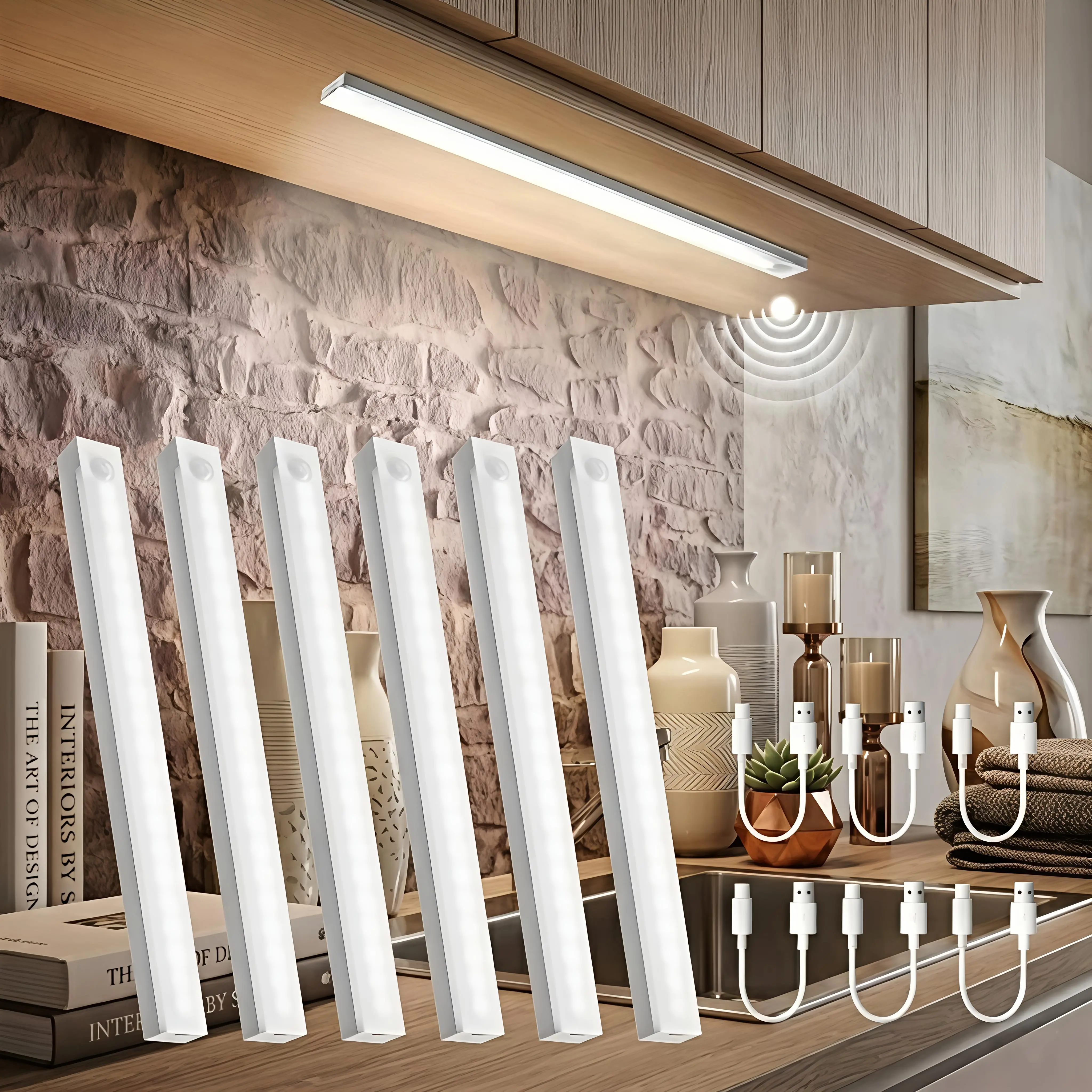 6-Pack Magnetic Under-Cabinet LED Lights, Rechargeable Human Motion-Sensor & Motion-Sensor Lamps for Kitchen, Bedroom, Closet & Sink Area, Modern Under-Cabinet Downlighting with Long-Lasting Lithium Polymer Batteries decor room,summerwins gift countdown