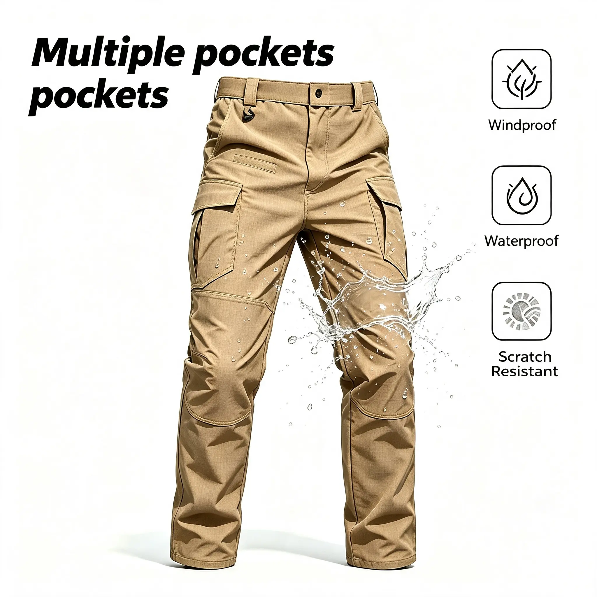 Men’s Tactical Cargo Pants - Rip-Resistant, Windproof, Waterproof, Scratch-Resistant Menswear Clothes with Multiple Pockets, Polyester Mid Waist Casual Non-Stretch Straight-Leg Long Outdoor Hiking Workwear