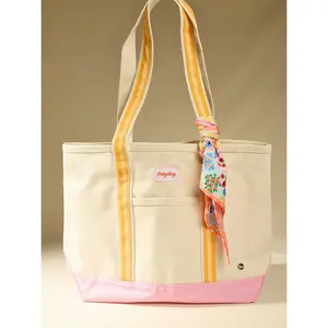 Everything Canvas Tote Bag – Large Everyday Shoulder Tote with Striped Handles, Front Pocket, and Scarf Accent