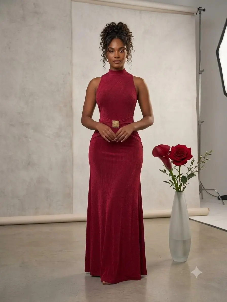 WENRY Lady's Chic Maxi Dress, High Neck Sleeveless Bodycon Evening Gown with Ruffled Waist, Floor-Length Formal Wear