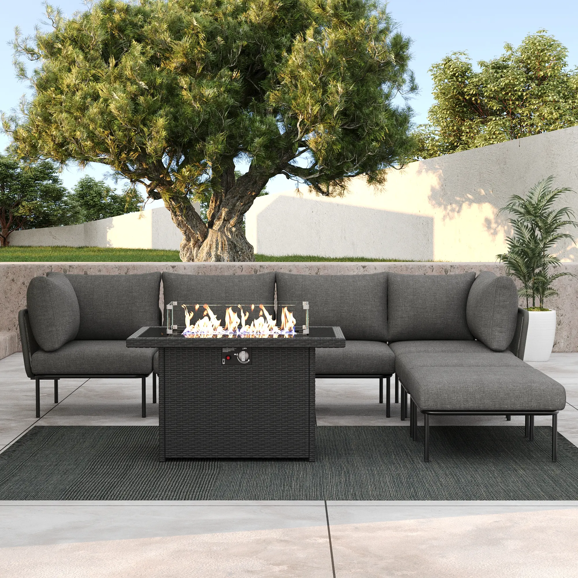 LayinSun 7 Pieces Aluminum Patio Furniture Set, Modern Modular Sectional Sofa with Fire Pit Table and Upgrade Thickness Cushion, Multiple Packages