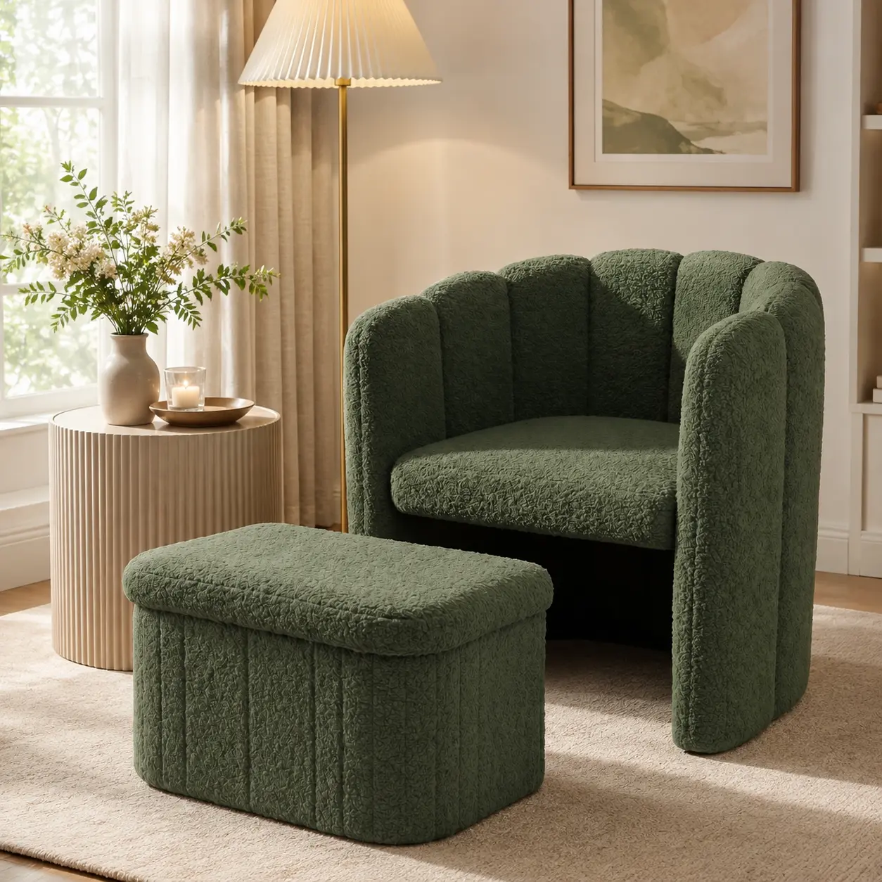 Raybee Barrel Accent Chair with Storage Ottoman, Teddy Fleece Shell Back, Ergonomic Lumbar Support, Spring Foam Seat, 300 lbs, Reading Chair for Bedroom Living Room Home Office, Matcha Green