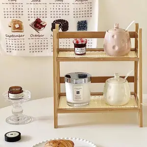 Two-Tier Bamboo Countertop Display Storage Rack, Contemporary Cream-Vintage Design, Trapezoidal Shape, Wooden Texture, Versatile for Dormitory, Bedroom, Office, Kitchen, Organiser