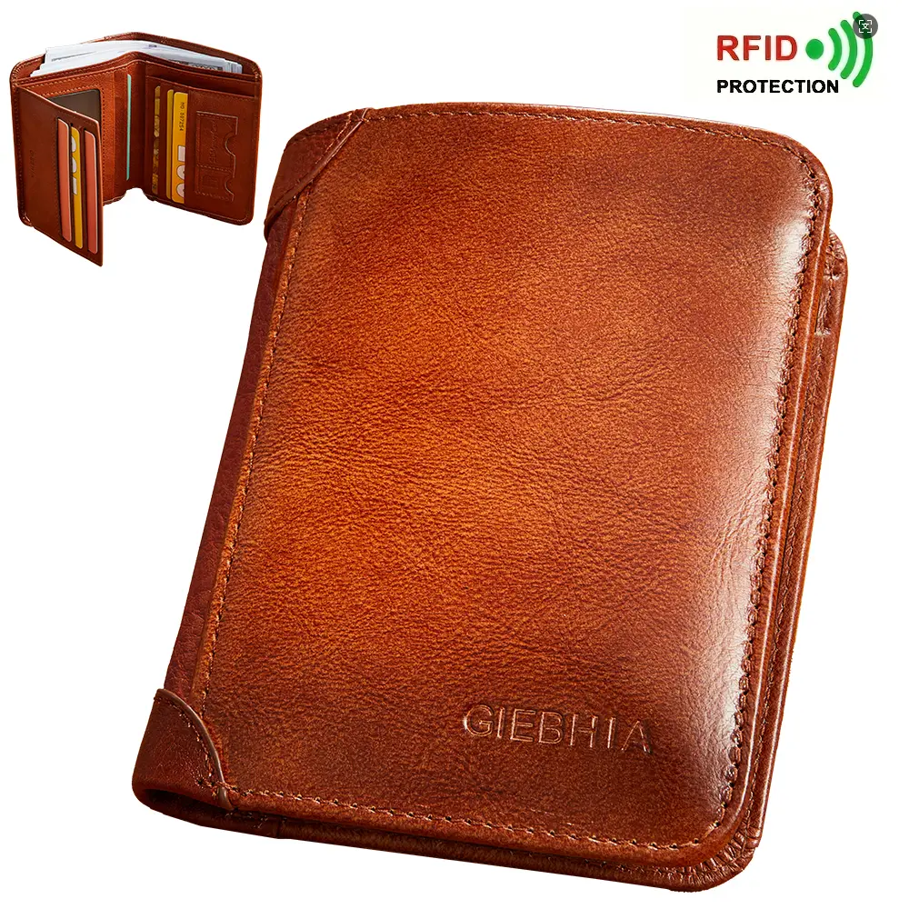 GIEBHA Men's RFID Blocking Anti-Theft Top Cowhide Leather Trifold Wallet - Stylish Vintage Style, 2 ID Windows, 11 Credit Card Slots, Durable Short Multi-Function Holder, Perfect Gift, Rfid Blocking Wallet, Anti Theft Wallet