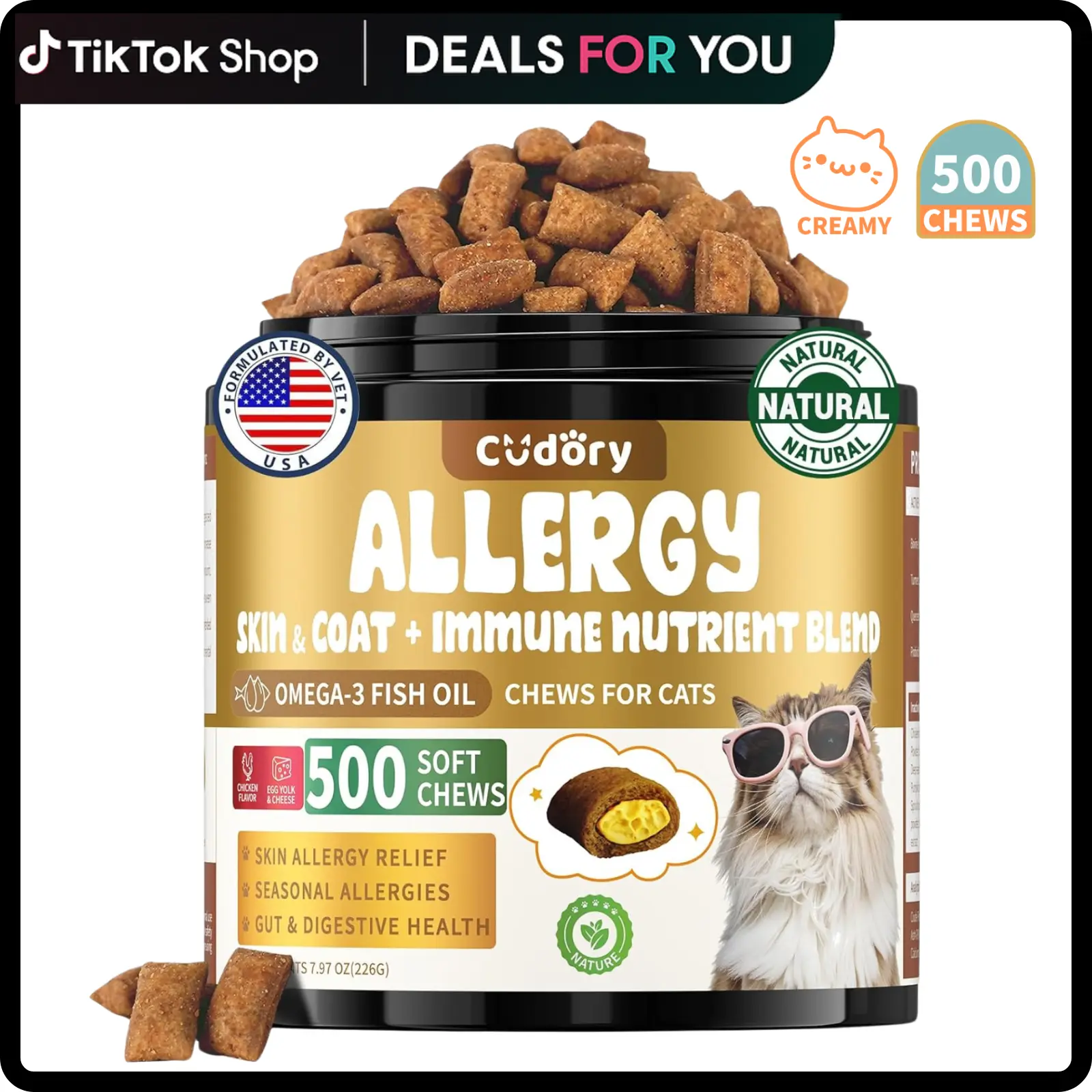 Cudory Cat Allergy & Immune Chewables with Omega-3, Fish Oil & Probiotics Support Itching Seasonal Allergy Immune & Gut Health Skin & Coat, Chicken Flavor, 500 Chews,back to school