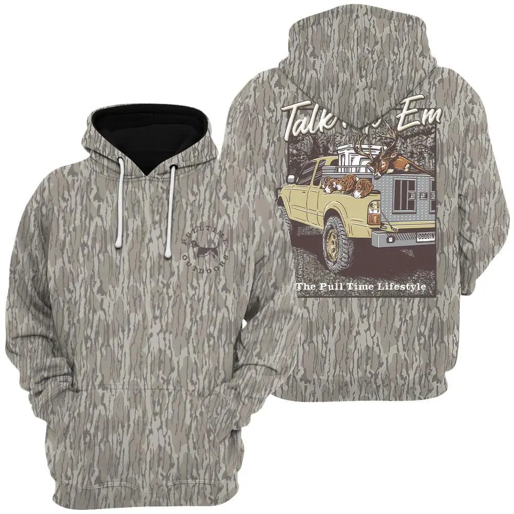 Talk'n to 'Em,Deer Dogs Camo 3D Hoodie, Pull Time Men's Hunting Camo Hoodie, Mosy Oakk Bottomland , Vintage 3D , Gift Idea, Gift for Dad or Husband,Perfect For Outdoor Enthusiasts