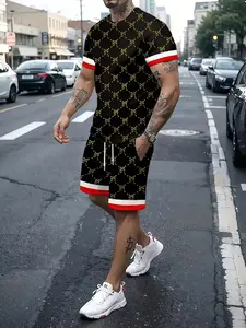 Summer Fashion Casual Classic Men's Set, Digital Print T-Shirt and Track Shorts, Breathable Soft Summer Clothes, Round Neck Top with Drawstring Shorts