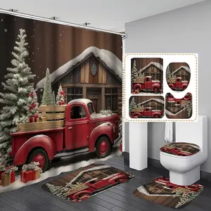 1/3/4PCS Christmas rustic style red truck with trees and gifts Shower Curtain Set with Rugs, Non Slip Bath Mat, U-Shape Carpet, Toilet Lid Cover, Polyester Fabric Bathtub Curtain Accessories, 12 Hooks, Bathroom Decoration Accessories